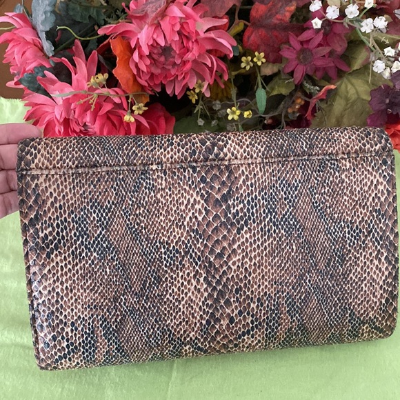 Python print man made material clutch bag brown and tan color. - Picture 9 of 10